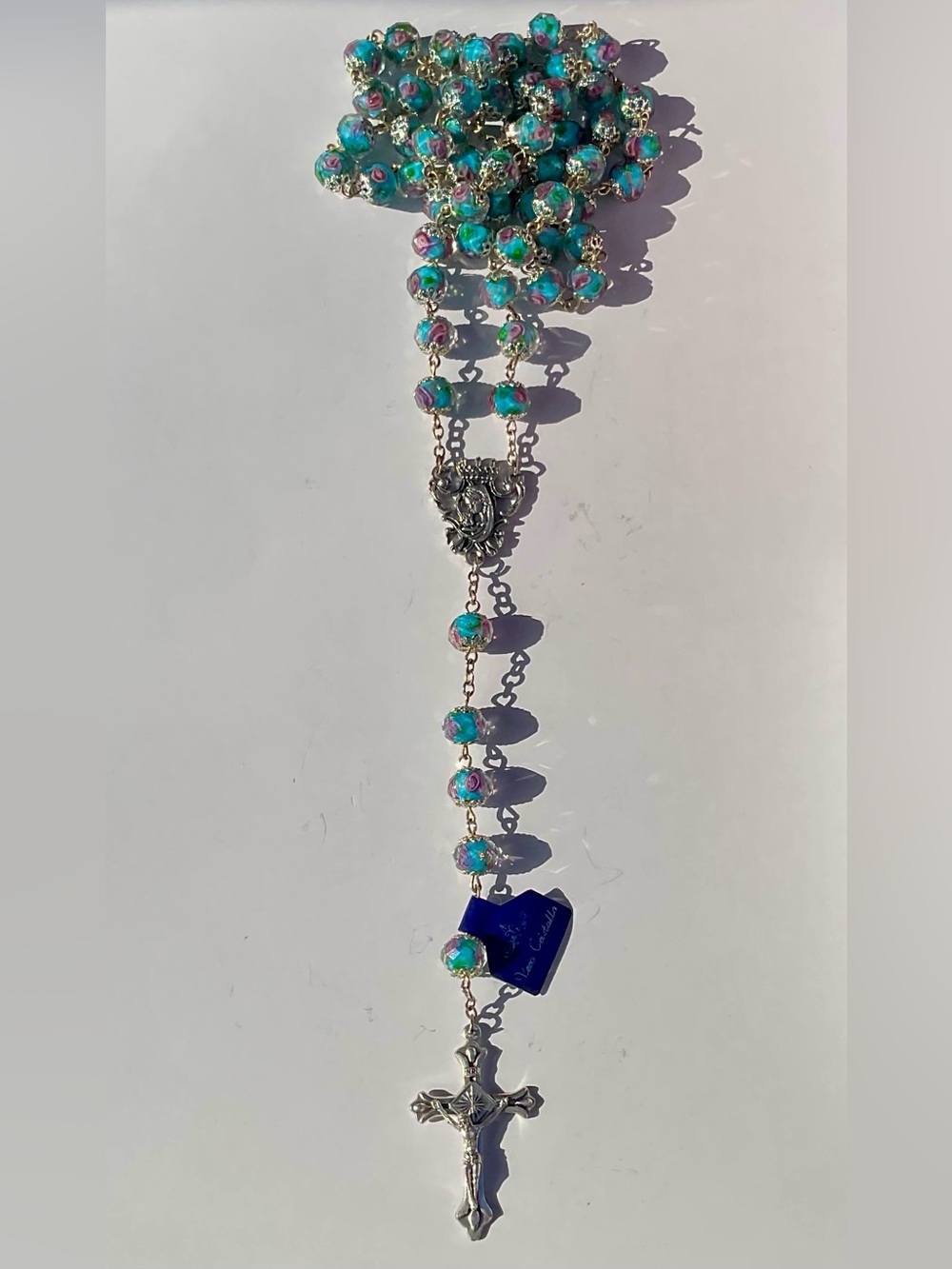 Turquoise Encased Lampwork Crystal Floral Rosary with Bright Pink Roses Inside